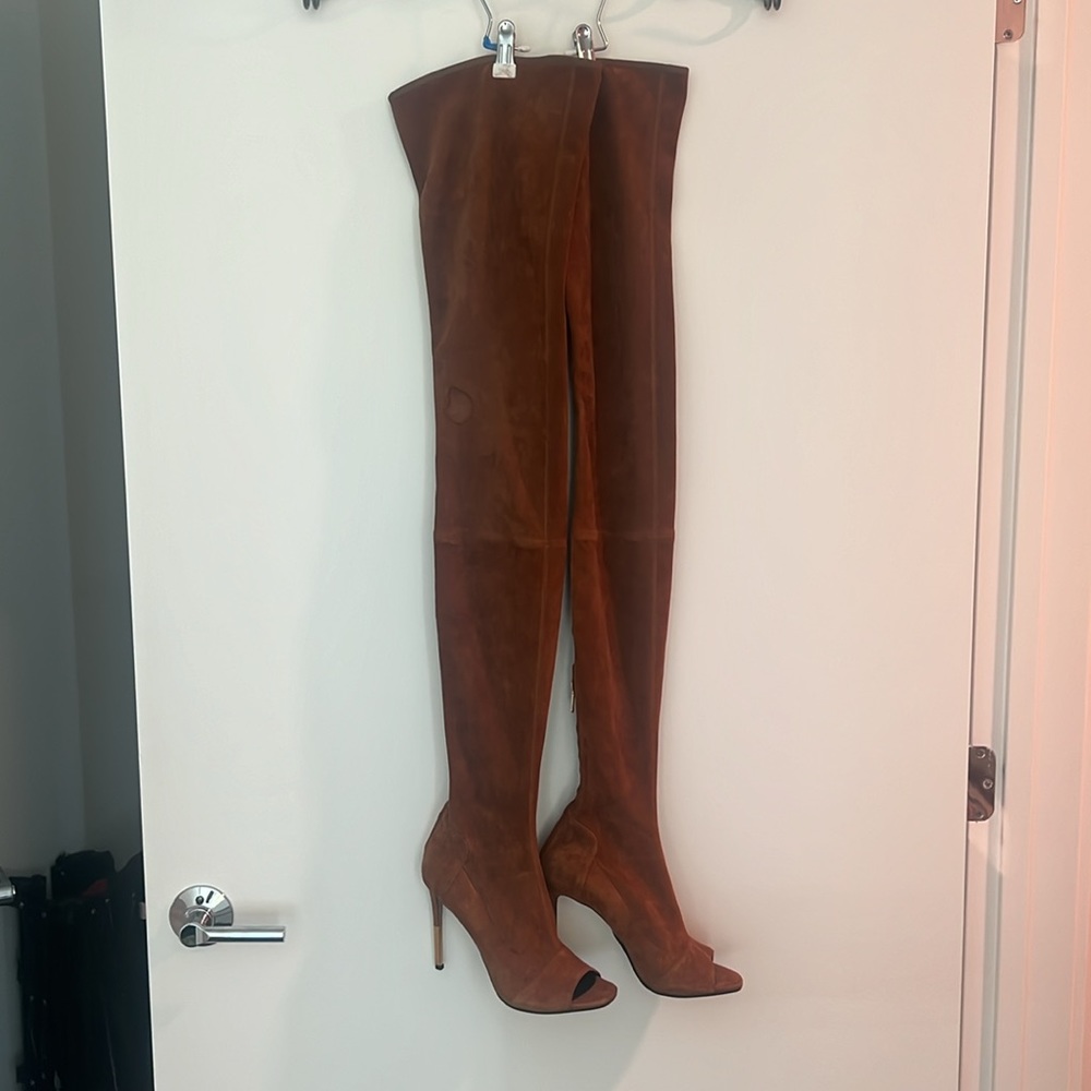 BALMAIN Amazonia stretch thigh high boots in brown suede size 8